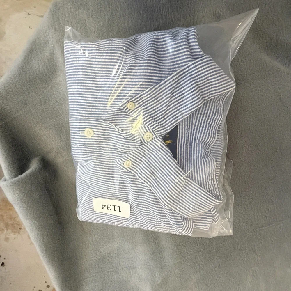 Polo Ralph Lauren Shirt Mens XL Blue White Striped‎ Seersucker SS Button Down